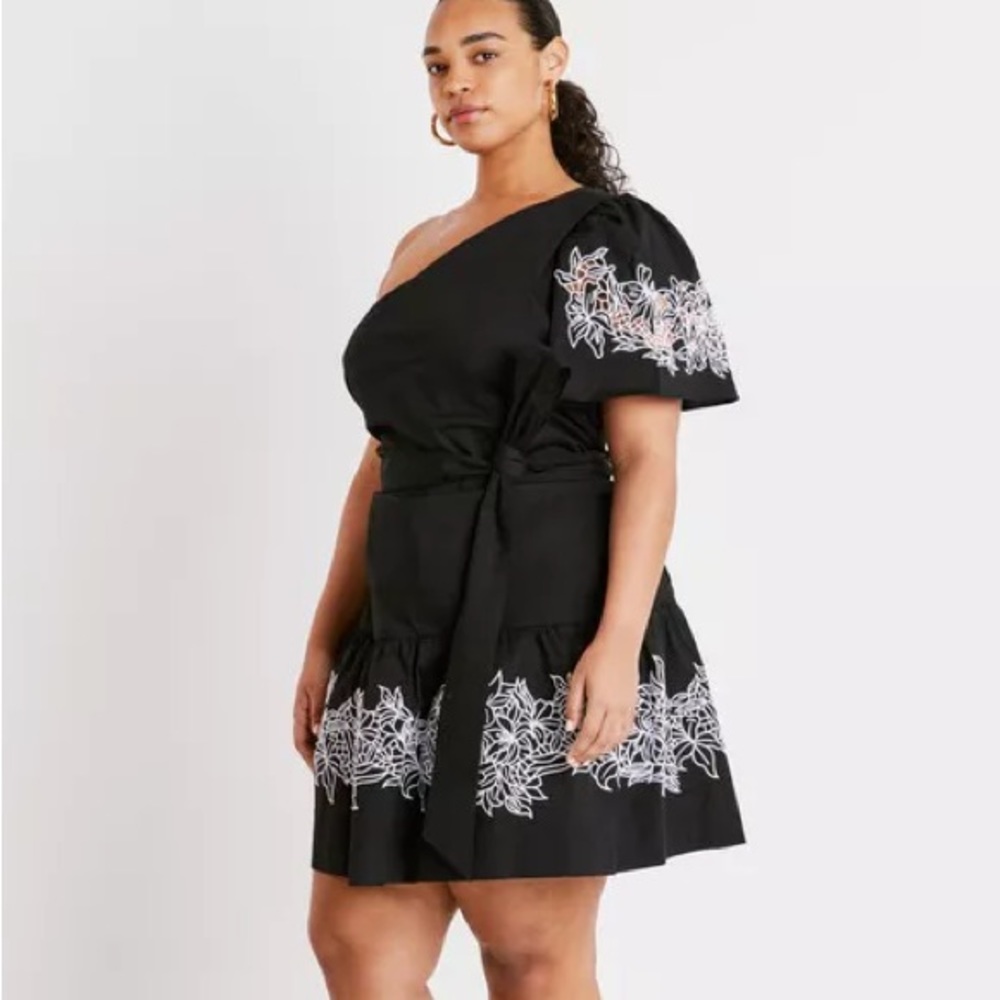 Tanya Taylor Amber Embroidered‎ One Shoulder Dress Black 18